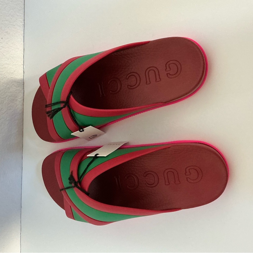 Gucci Coral and Green Striped Crisscross Slides 42 - Picture 4 of 7